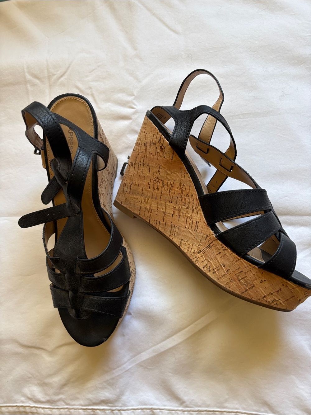 Express Black Strappy Cork Wedge Sandals
